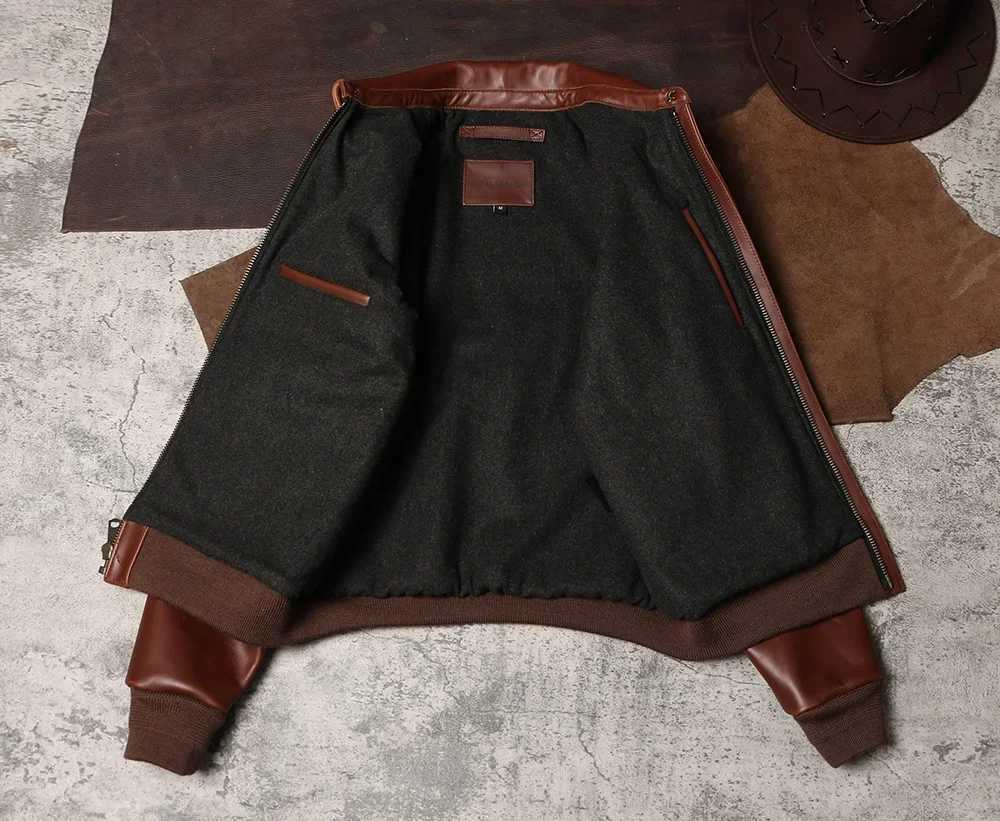 American leather lapel cut jacket retro A2 leather jacket hard wax denim flight suit W240914