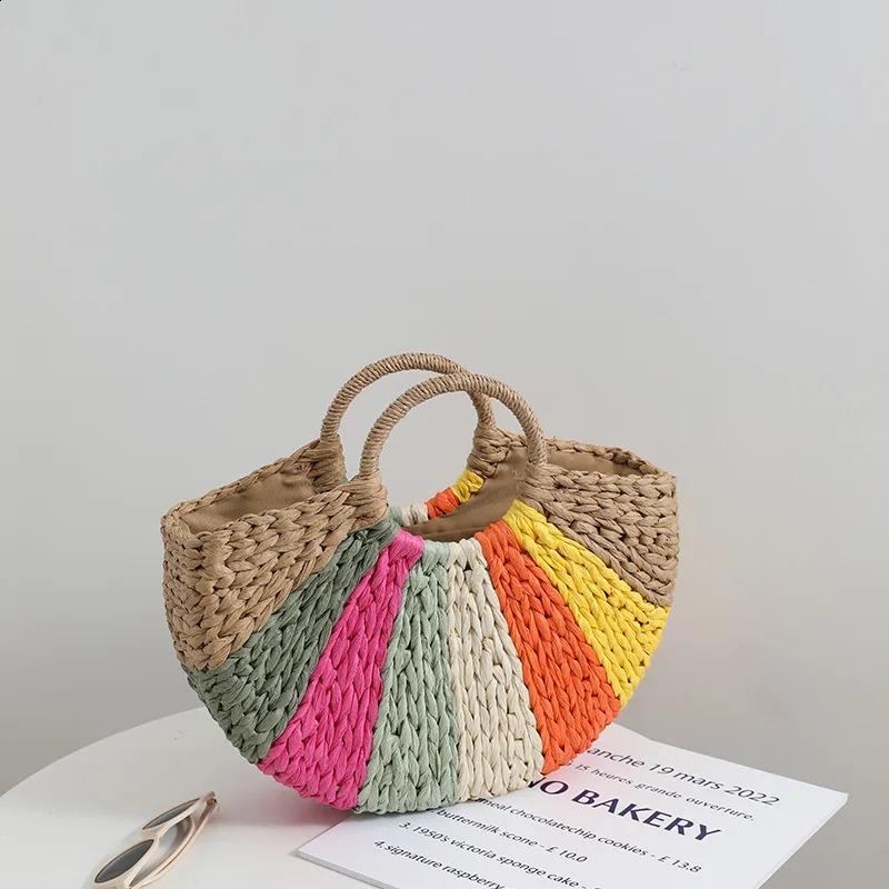 Rainbow colored grass bag summer semicircular handheld woven beach resort 240913