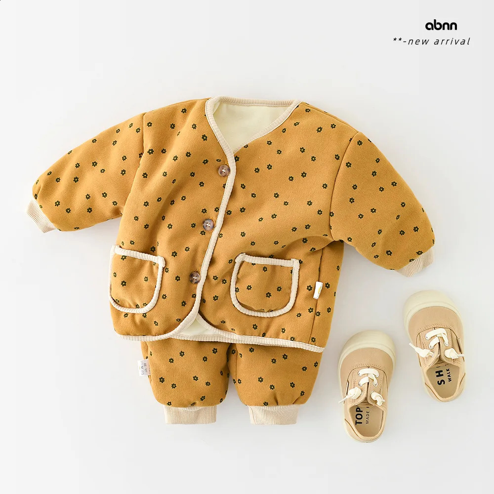 Winter Baby Warm Clothes Set Cute Leopard Floral Coat Pants 2pcs Suit Vintage Baby Girl Outfits Infant Jacket Set 240913