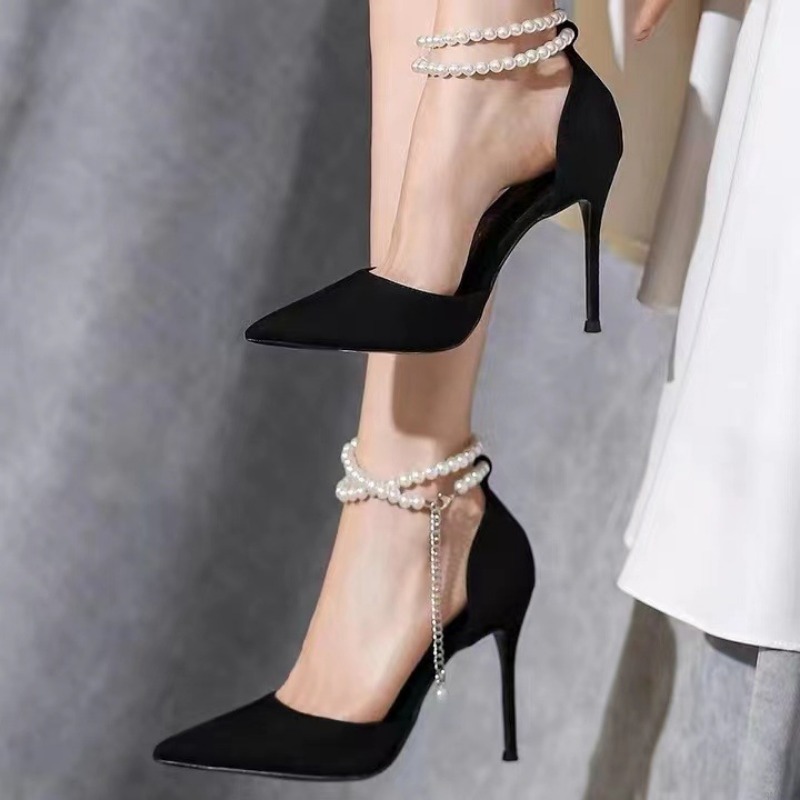 Black Pumps Women's 2024 Summer New Brand Design String Bead Pearls Wedding Bridal High Heels Sexy Pointed Toe Party Dance Shoes eb65 54b7