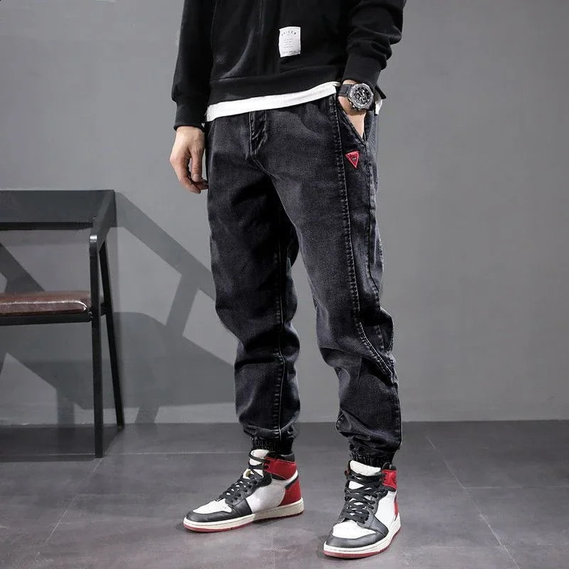 Elastic Cropped Mens Jeans Stretch Man Cowboy Pants Trousers Black Oversize Korean Style Regular Fit est Casual Long 240912