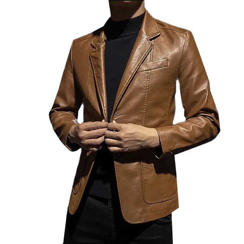 2023 New Men Business Casual Leather Jacket Black / khaki Fashion Mens Suit Collar Coats Large Size 5XL Slim Fit TopX240913
