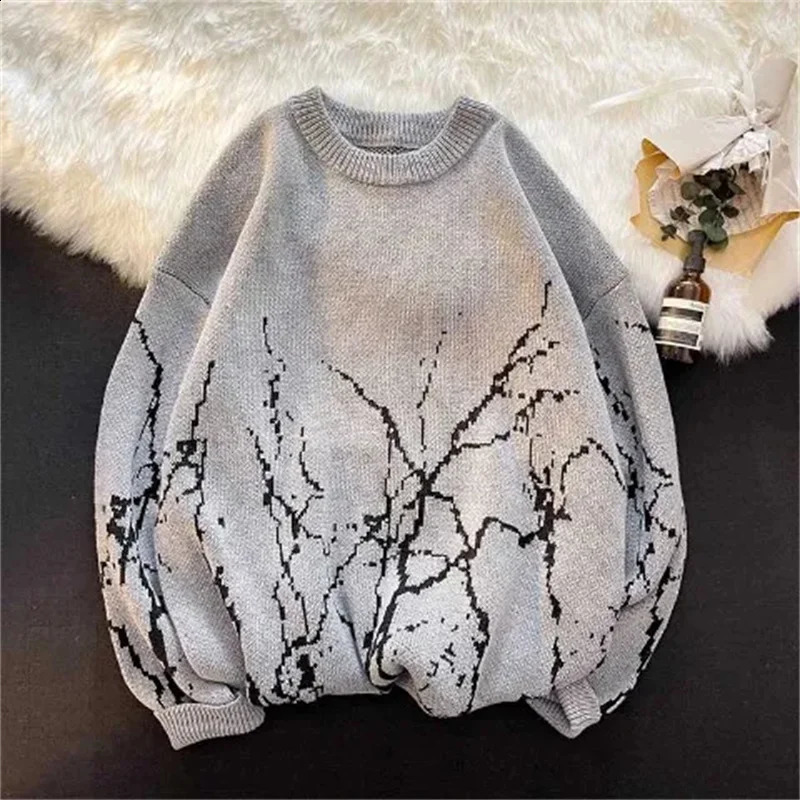 Y2K Spring Autumn Casual Sweater Round Collar Pullover Mens Clothing Fashion Printing Top Loose Knitwear Hombre 240912
