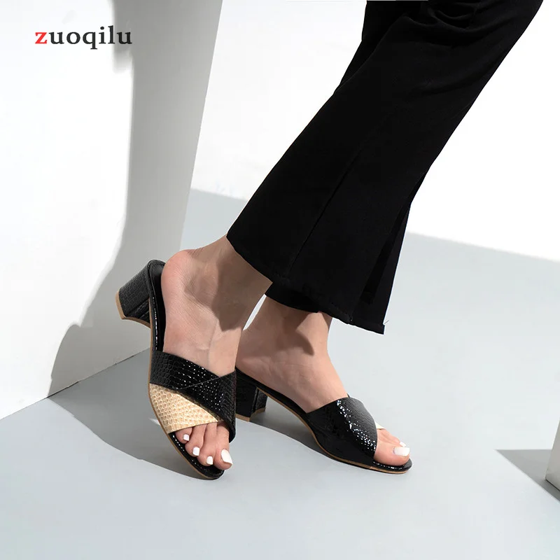 Women Slippers Summer Ladies Sexy Square Heels Pumps Fashion Snakeskin Slides OL Outdoor Casual Leather Sandals