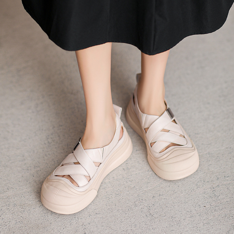 Koznoy 4cm Weave Cow Genuine Leather Summer Fashion Sandals Slip on Women Sandal Slippers Pumps Platform Wedge Hollow Flats