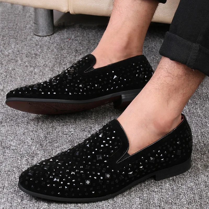 2024 New Brand Black Spikes Mens Loafers Luxury Shoes Denim And Metal Sequins High Quality Casual Men Shoes