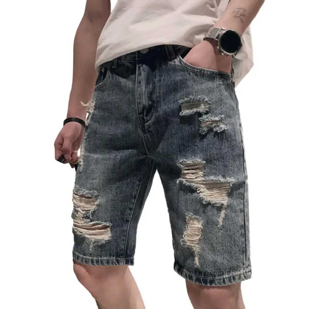 Men Denim Shorts Mid-waist Denim Shorts Mens Streetwear Denim Shorts Mid-rise Ripped Holes Straight Leg Knee LengthX240914