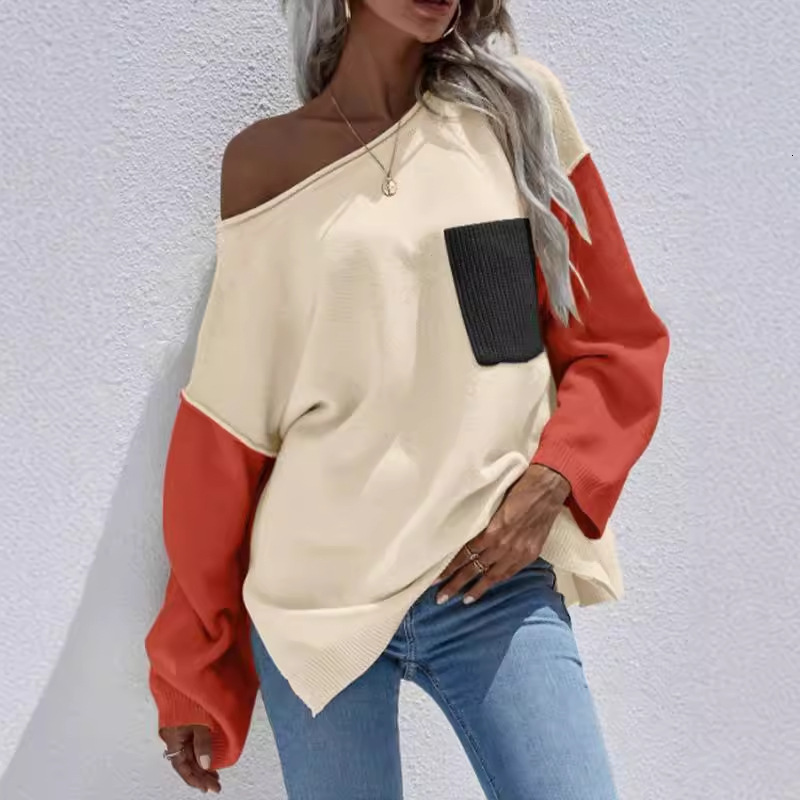 dongdumaoyi New round neck sweater, fashionable color blocked pocket knit top, casual loose knit sweater F0914#52
