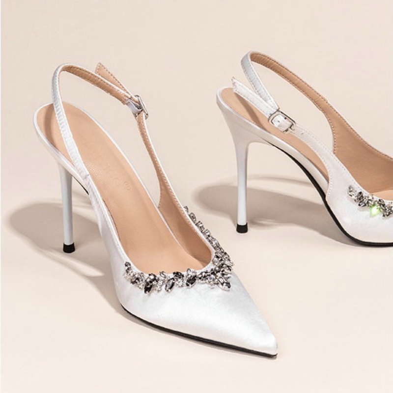 2024 Spring New Baotou Sandals Women'S Wedding High Heels Fine Heel Pointy Rhinester French Temperament Single Shoe Black