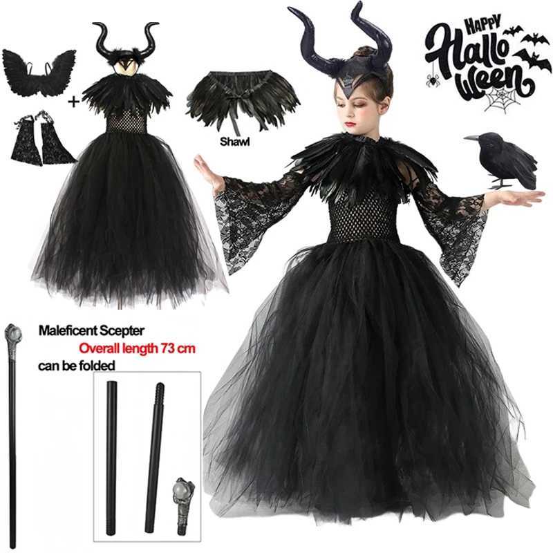 Halloween Costume Maleficent Tutu Dress For Girls Cosplay Evil Queen Black Mesh Princess Dress Kids Crow Wand Maleficent W250117