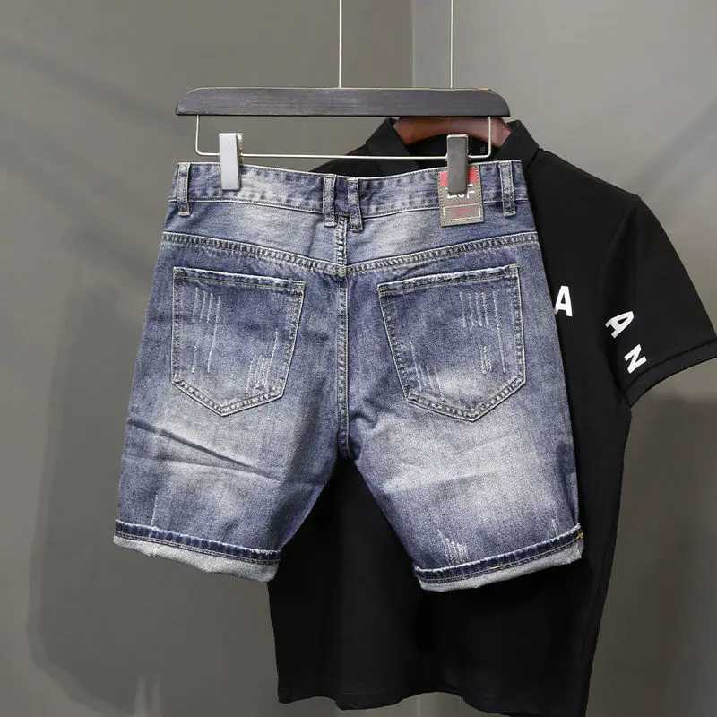 New Summer Luxury Clothing Denim Casual Short Jean Men Shorts Knee Length Washed Printed Fashion Korean Punk Trendy Cowboy PantsX240914