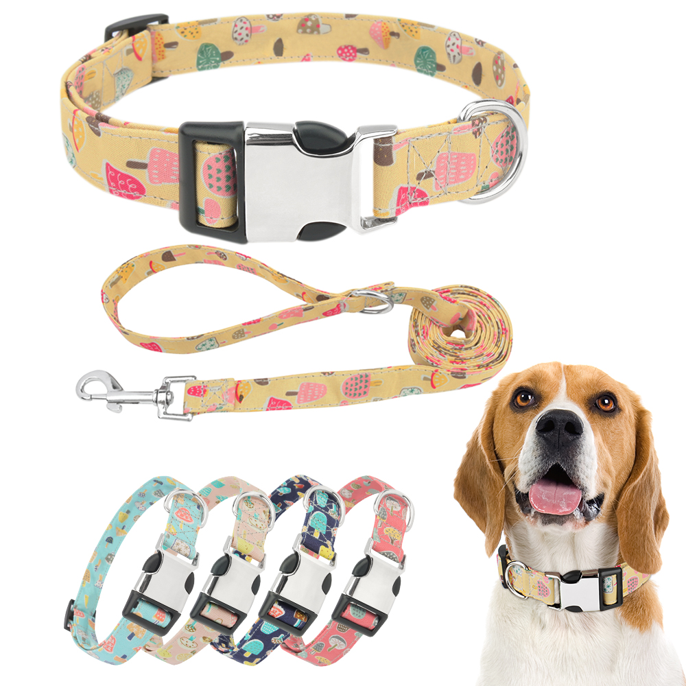 Dog Collar and Leash Set, Cartoon Pattern Dog Collar with Leashes Metal Buckle Adjustable Durable for Small Medium Large Dogs