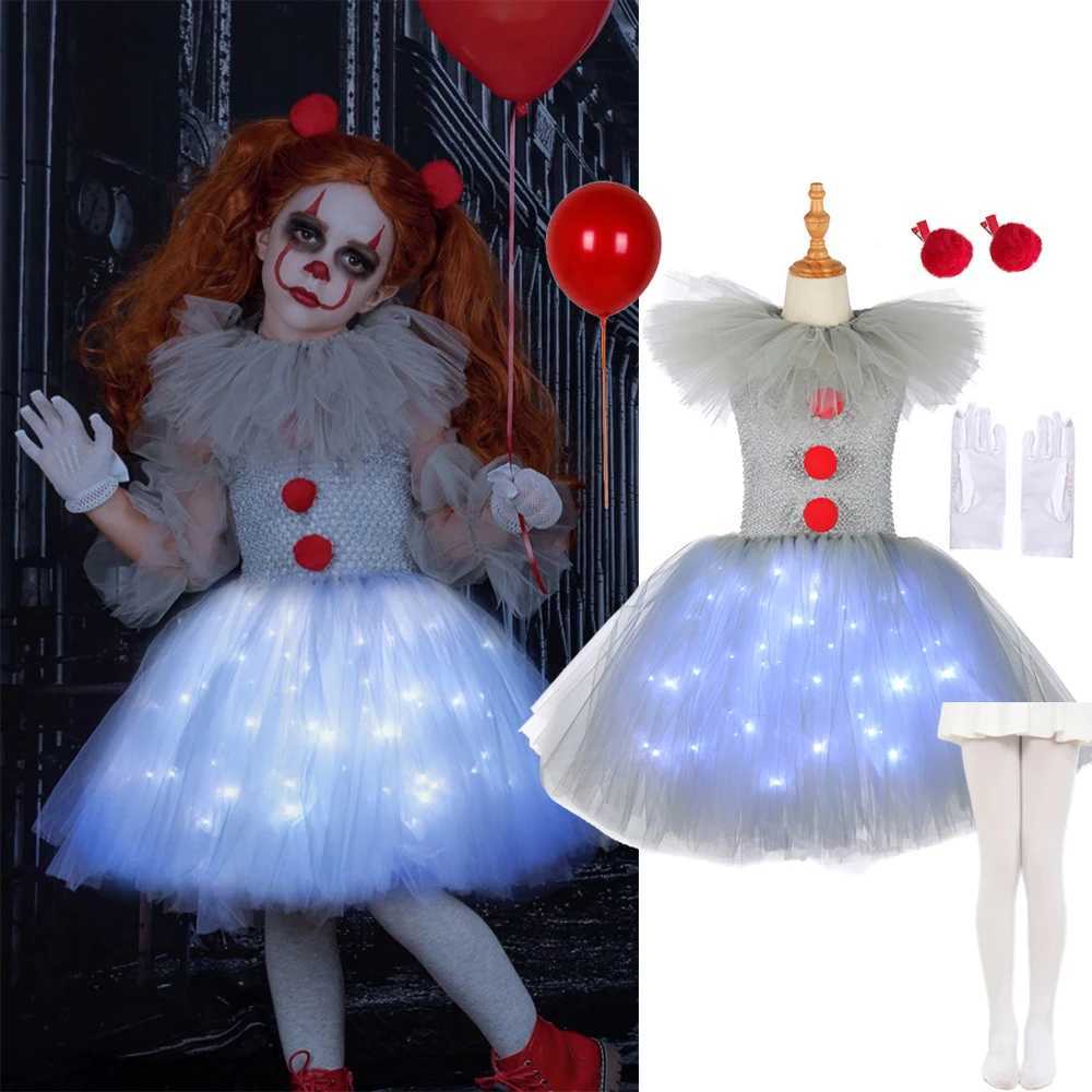 Halloween Grey Clown Girl LED Illuminated Costume Tutu Dress Terror Clown Childrens Carnival Party Role Playing Costume Childrens sheer Dress W240914