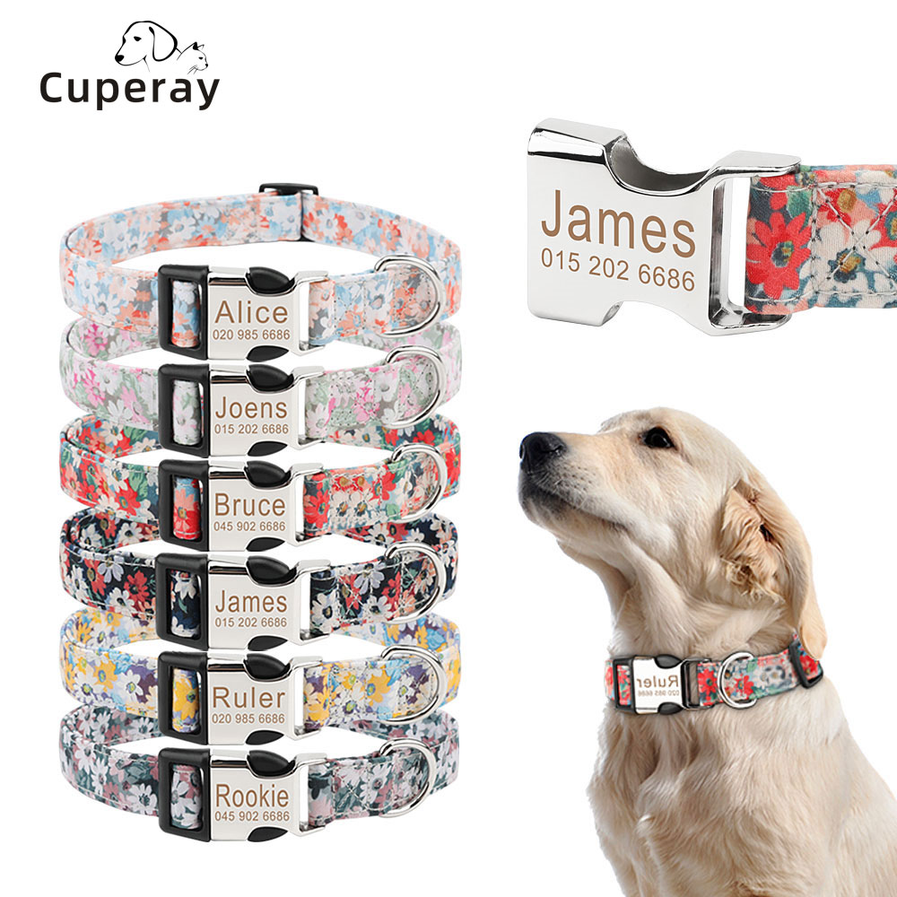Personalized Dog Collar Custom Pet Tag Collar with Flower Puppy Nameplate ID Collar for Small Medium Large Big Dogs Engraved