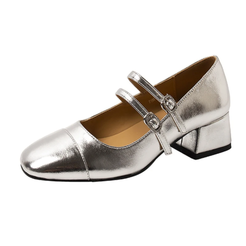 Square Mary Janes Round Toe Med Heels New Flats Spring/Autumn Solid Color Women's Buckle Strap Fashion Ladies Shoes 2060