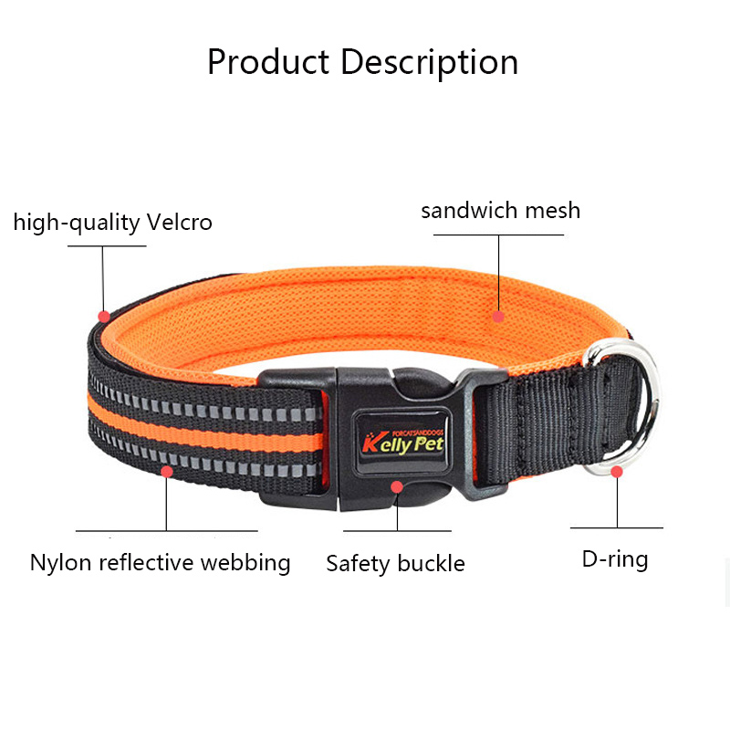 Nylon Webbing Dog Collar with Mesh Breathable Lining Breathable Reflective Pet Collar Adjustable for Large,Medium and Small Dogs