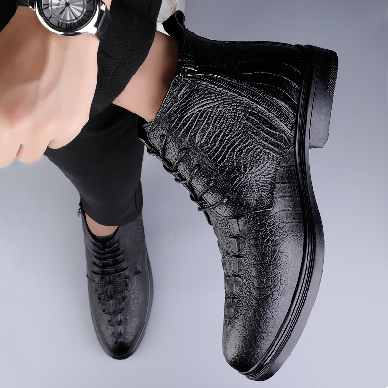 Men Chelsea Ankle Boots Side Zipper High Top Zip Crocodile Pattern Pointed Toe Business British Leather Shoes Party Dress Boots