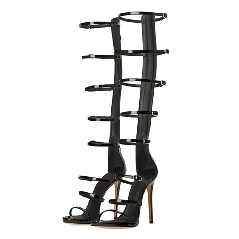 Summer Women's Cool Boots New 2023 Sexy 10cm High Heel Sandals Buckle Black Gold Dress Party Woman's Knee Boots Big Size 36-43