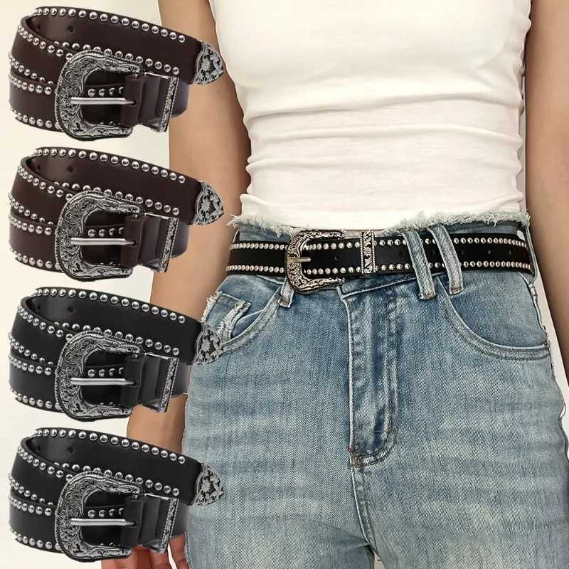Vintage Women Rivet Belt Y2k Women Retro Hip Hop Punk Belts Luxury Belt Double Row Hole Strap Casual Jeans Female Waist Belt MenX240914