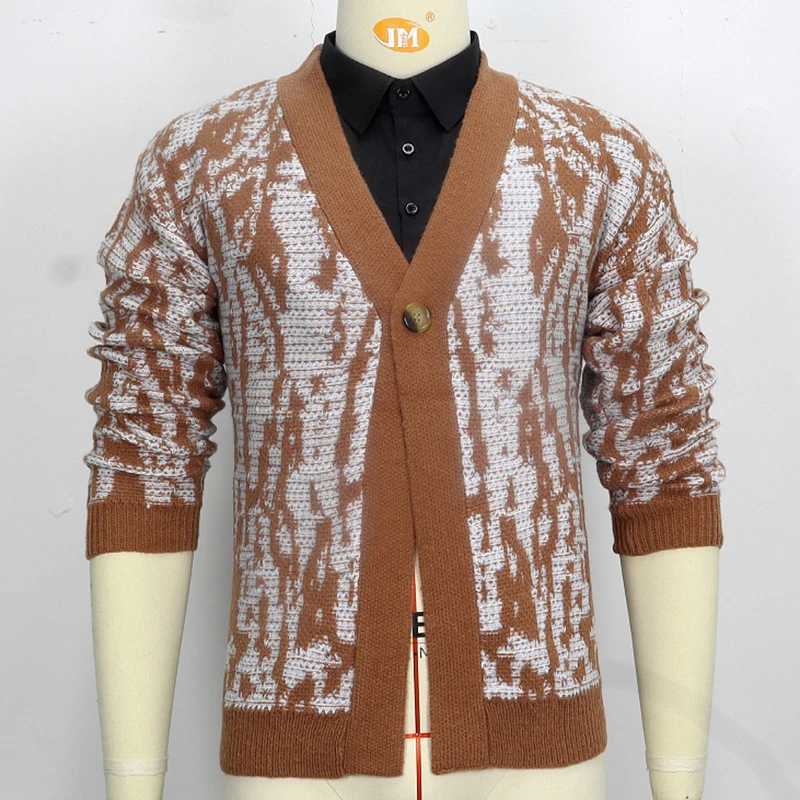 Young Mens Jacquard Knitted Sweater Autumn Winter European American Thick V-neck Cardigan Thick Needle Sweater Jacket for MenXJ240907