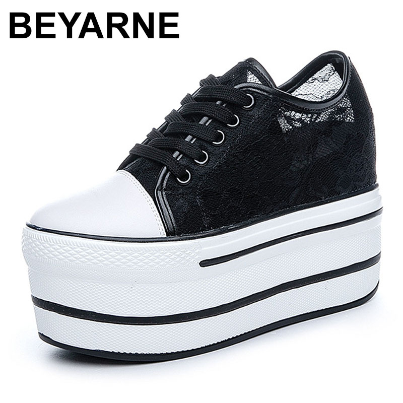 10.5cm Women Summer air mesh Fashion Ins White black Genuine Leather Chunky Sneaker Hollow Breathable Platform Wedge Shoes