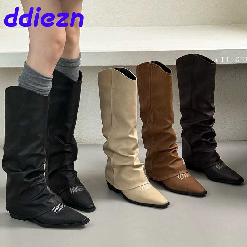 Footwear Square Heels Slip On Ladies Western Long Booties Female Fashion Pointed Toe Women Knee High Boots Shoes