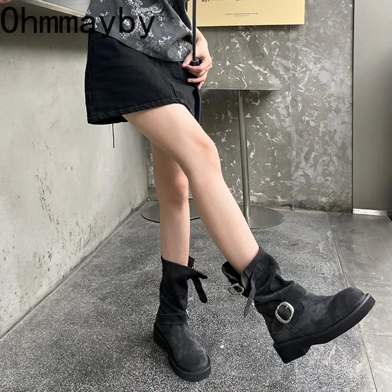 Style Retro Women Motorcycle Boots Fashion Metal Buckle Platform Heel Short Booties Winter Comfort Women's Footwear 1db8 's