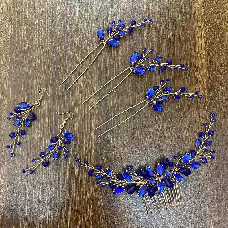 Blue Color Crystal Hair Pins Wedding Jewelry Accessories Head Decoration Bride Headdress Women Tiara Hair Bands Hair VineX240913