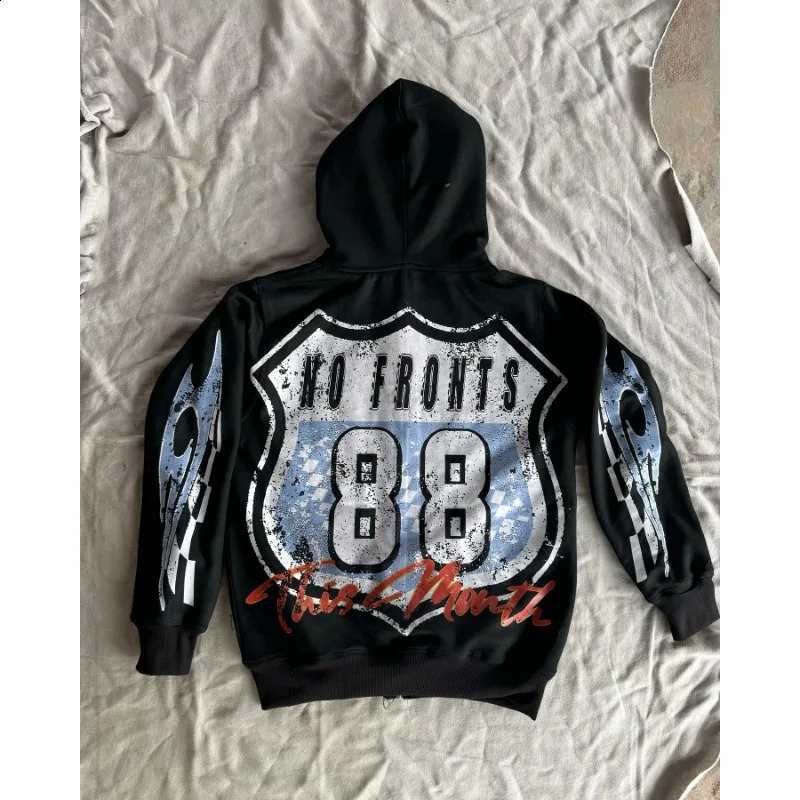 Alphabet racing element n printed zipper Cardigan hoodie for women y2k American hiphop rock pop casual sweater 240911