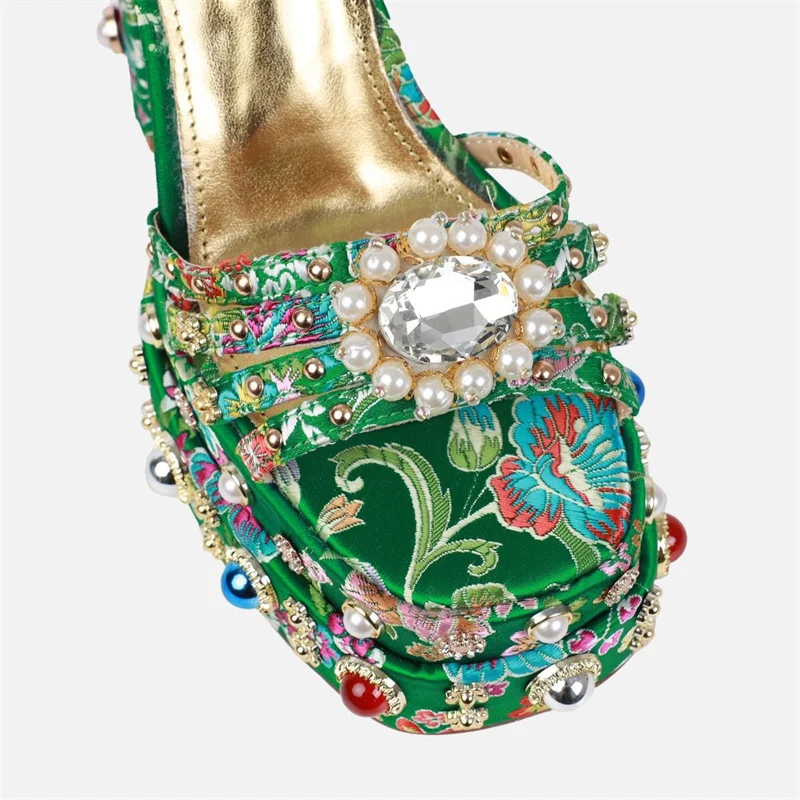 Summer 2024 Satin Rhie Gem Sandals 14.5Cm Open Toe Thick Quality Platform Shiny Women's New High Heel Shoes Size34-43 73Da