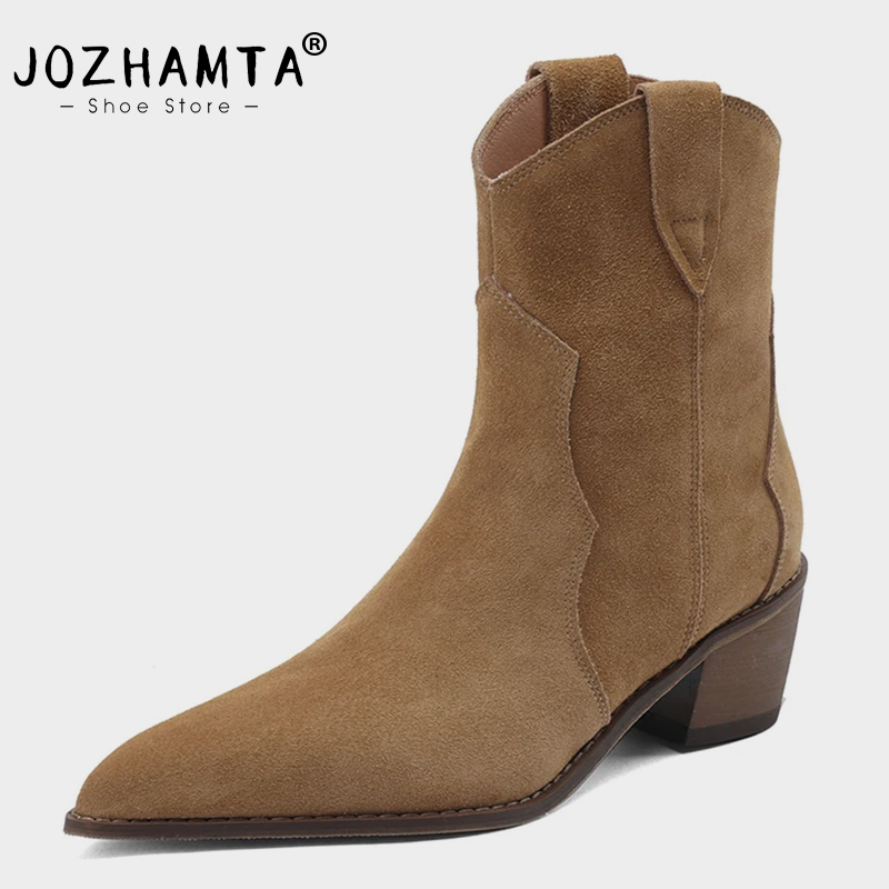 JOZHAMTA Size 34-43 Western Cowboy Boots Suede Genuine Leather Thick Heels New Winter Shoes For Women Cowgirl Heel Short Boot