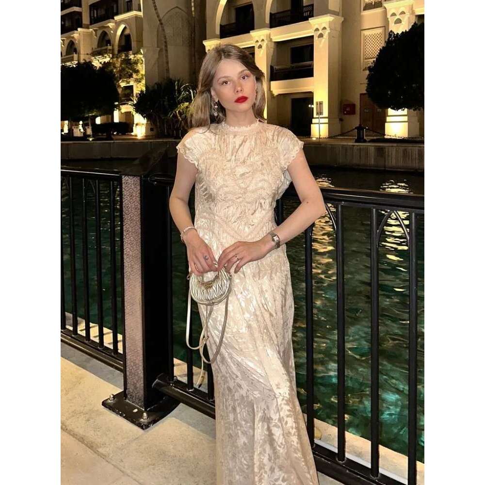 Fashion Jacquard Satin Round Neck Maxi Dress For Women Elegant Short Sleeve Long Dresses 2024 New Summer Lady Party Evening Gown