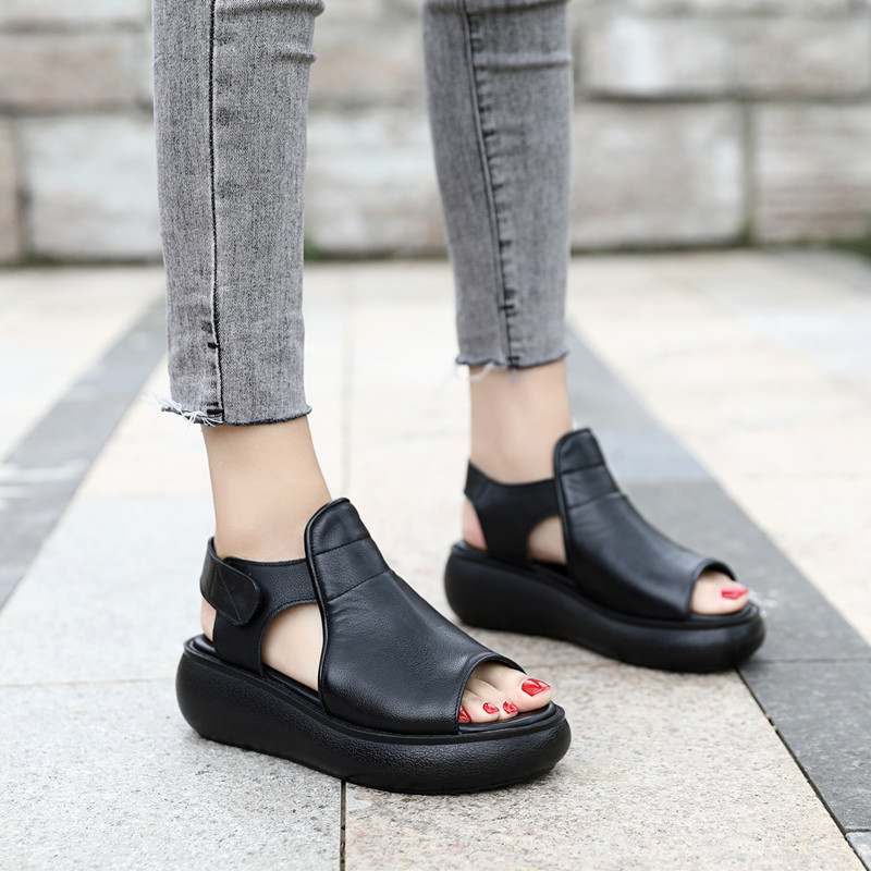 New Summer Platform Sandals Thick Bottom Casual Genuine Leather Fish Mouth Women Fashion Sandals Large Size