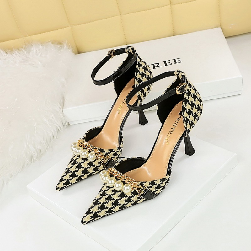 2025 new Summer BIGTREE Sandals For New String Bead Buckle Strap Canvas 8CM Thin Heels Fashion Lady Party Women Shoes Black f52b