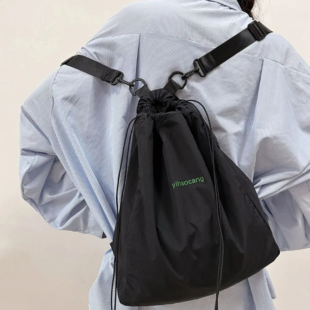 Breathable solid color drawstring backpack Korean canvas nylon backpack large capacity school backpack shoulder bag travel bag 240912