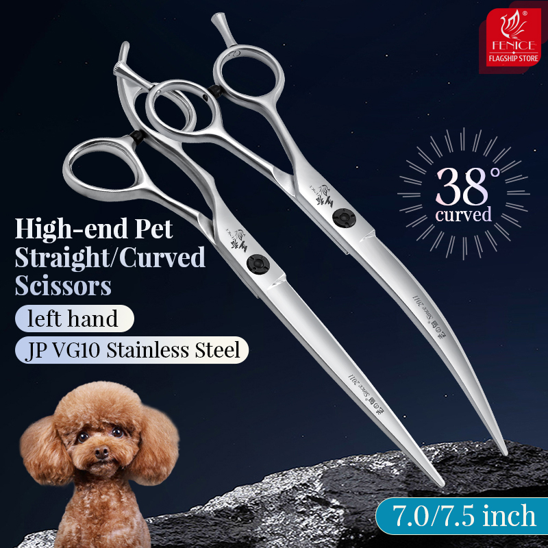 Fenice Professional JP VG10 Steel Left Hand 7/7.5 Inch Super Curved 38°/Straight Pet Dog Grooming Scissors Shears Dog Scissors