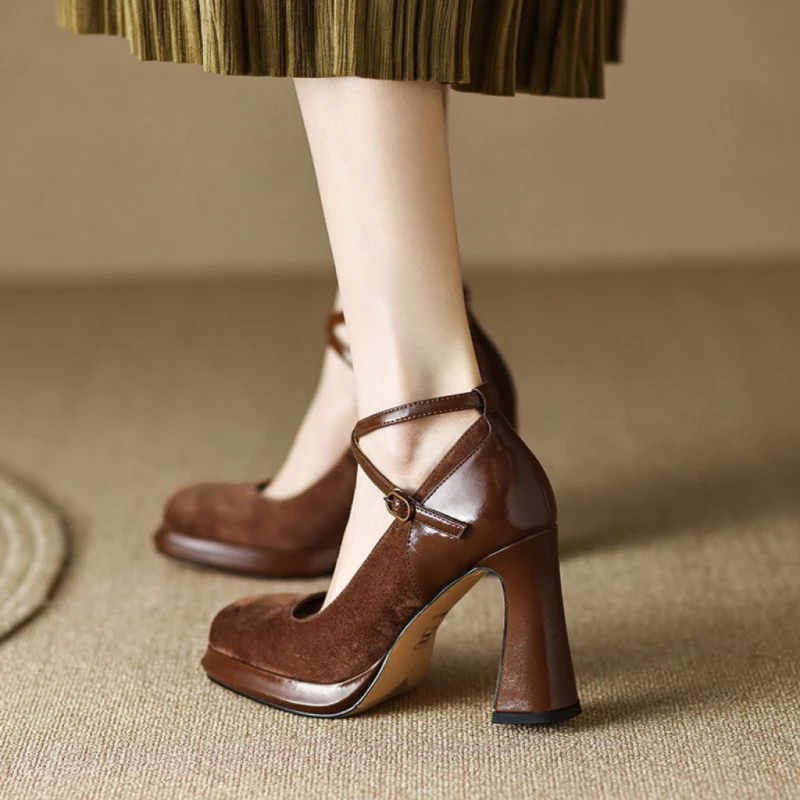 New Vintage Super High Heels New Women Ankle Buckle Platform Pumps Woman Round Toe Chunky Heeled Shoes 8143