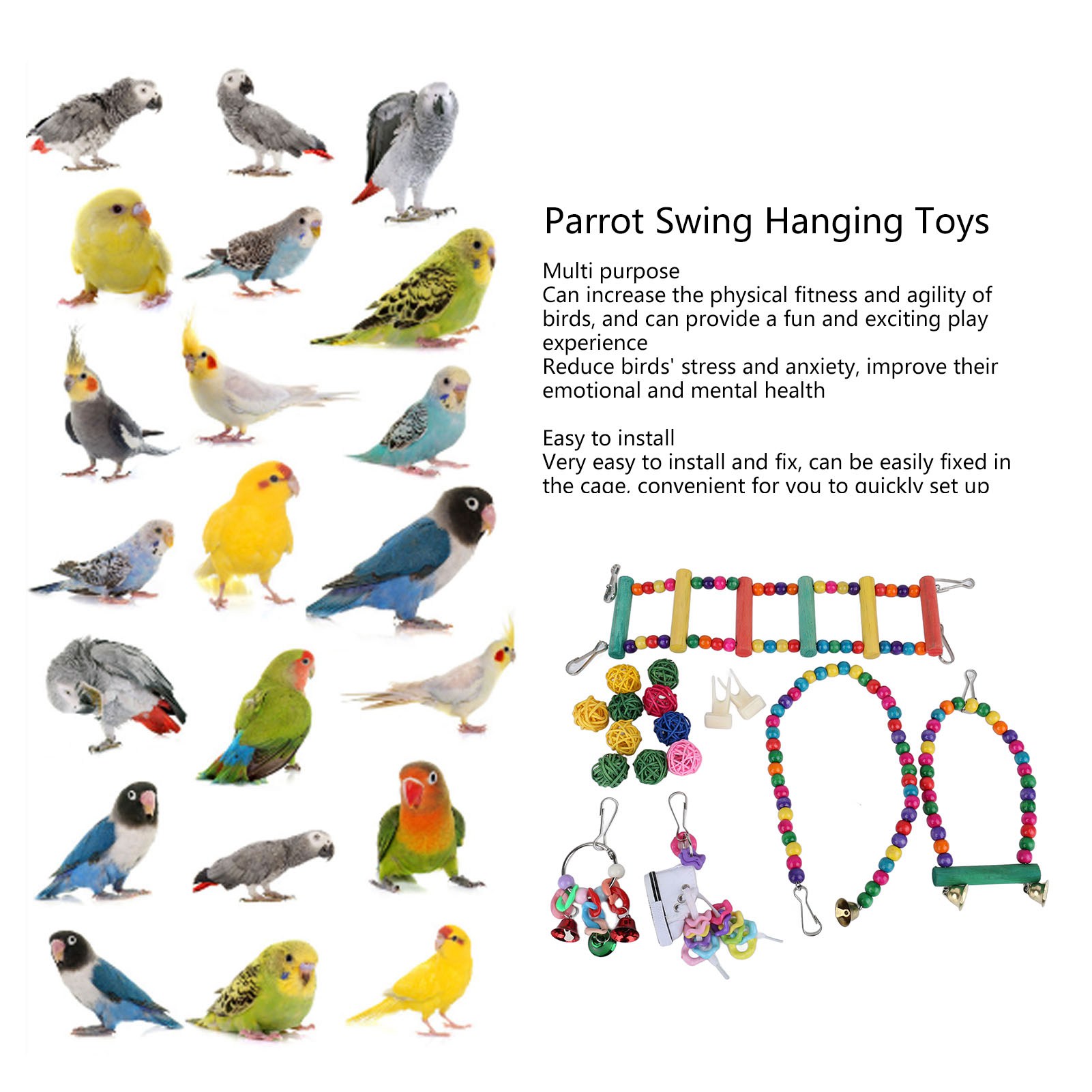 17Pcs Bird Cage Hanging Toys Parrot Swing Standing Chewing Hanging Toy With Hammock Hanging Ladder Rattan Balls Rope
