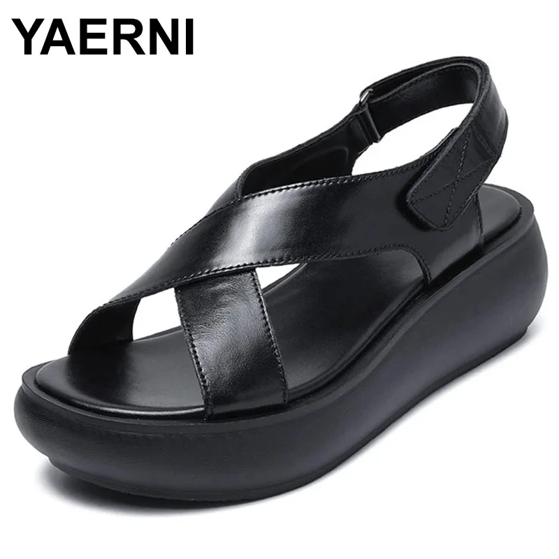Women's Cross Strap Retro Sandals Soft Leather Platform Summer Thick Sole High Heels Ladies Wedges Shoes For Women Eu 35-40