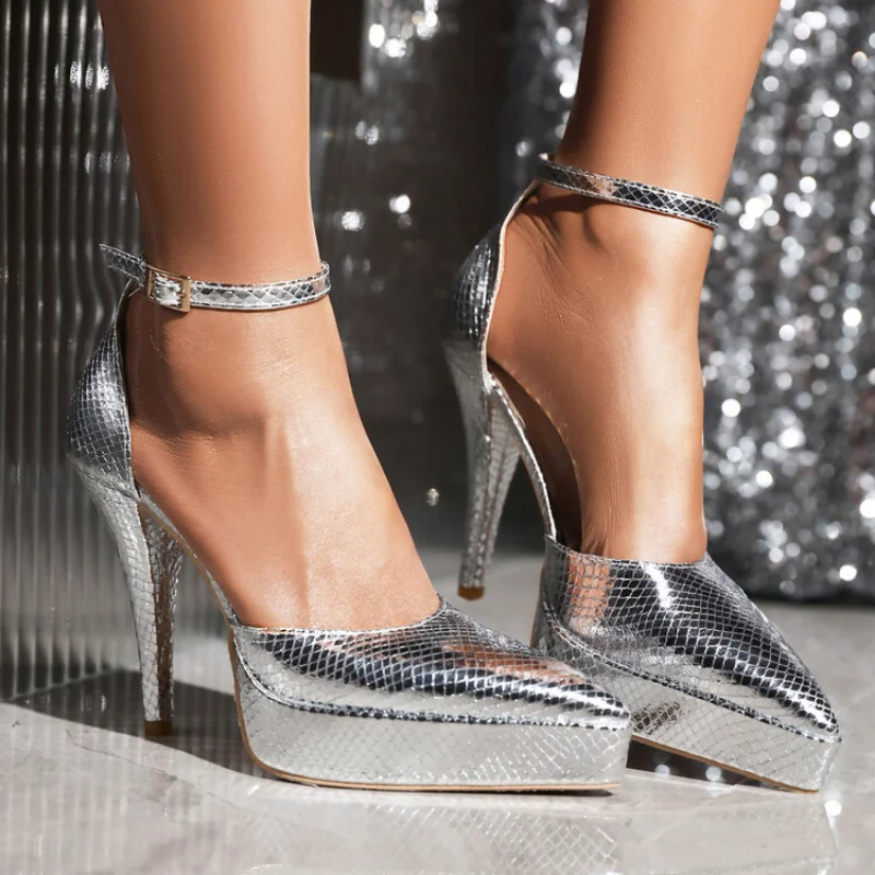 summer New styles fashion Exposed toe high-heeled women's sandals golden silvery Buckle sexy party Slender heel women sandals