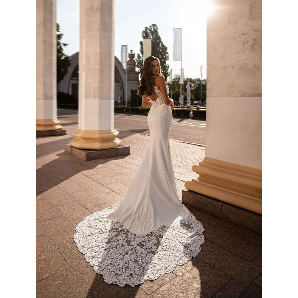 Dresses Mermaid Halter Appliques Backless Sleeveless or-Length Princess Bride Wedding Dress Custom Made