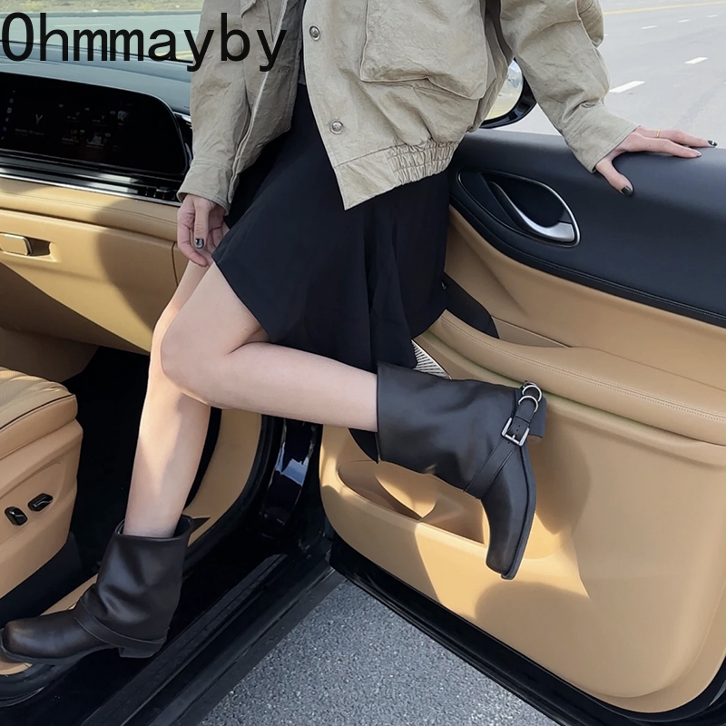 Designer Women Western Cowgirl Boots Fashion Square Toe Belt Buckle Shoes Autumn Winter Thick Heel Ladies Knight Short Booties