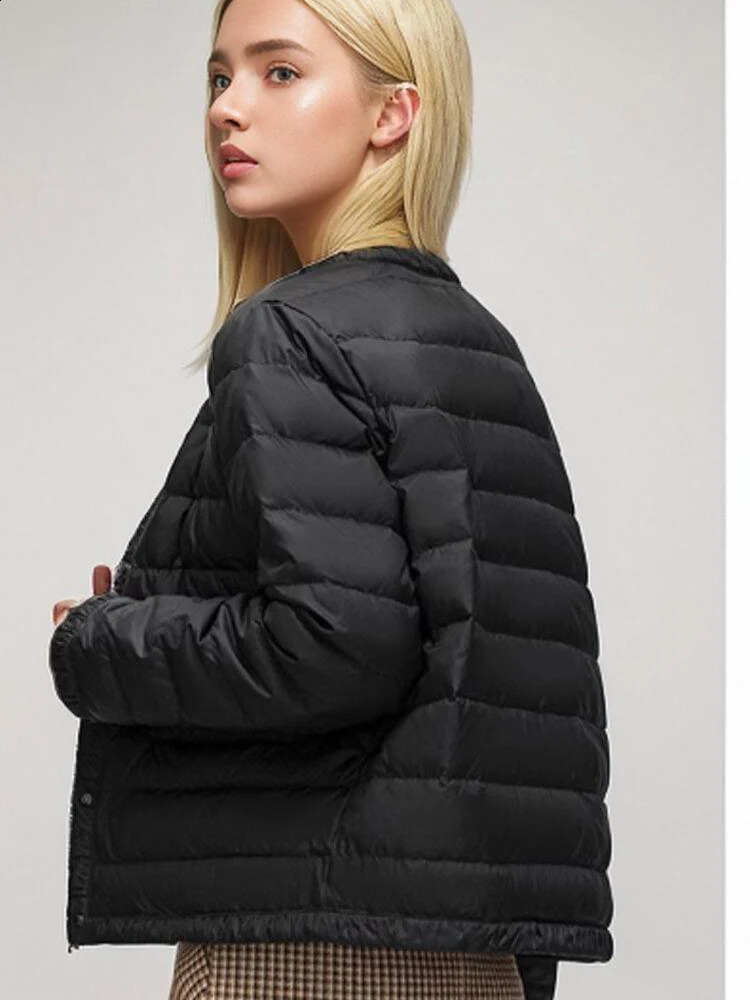 Womens lightweight black and white round neck pocket pleated long sleeved thin down jacket used for spring and autumn outerwear and underwear 240913