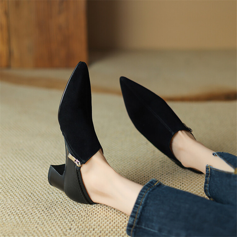 2025 new New 2023 Autumn Loafers Sheep Suede Pointed Toe Chunky Heel Winter Pumps Shoes for Women tos De Mujer 30c9
