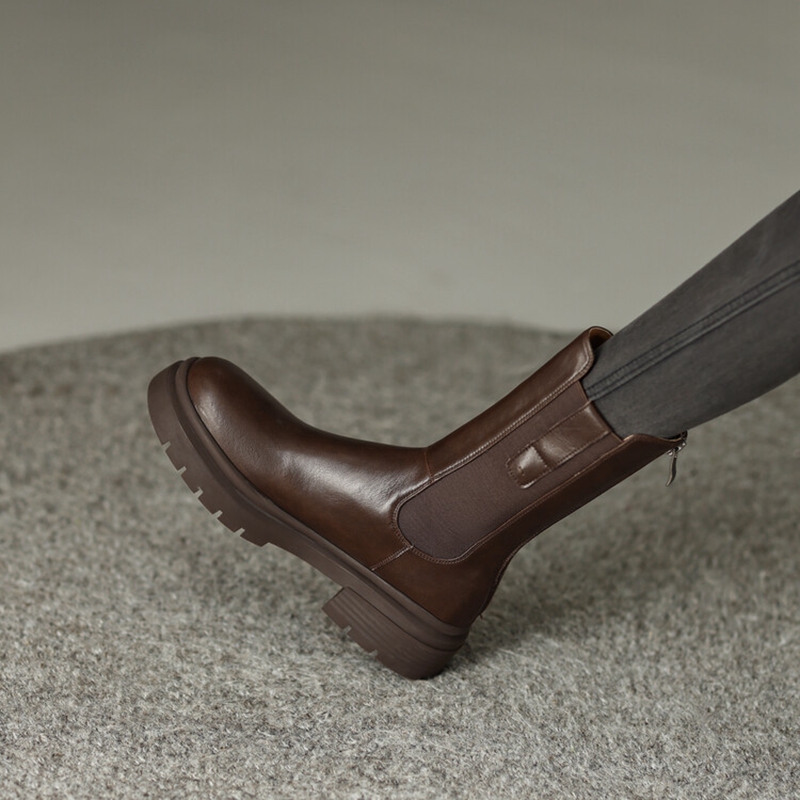 Split Autumn Round Toe Chunky Heel Winter Solid Half Boots Retro Leather Shoes for Women 6a1f