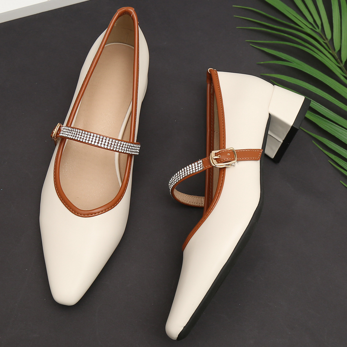 2025 new fc668 color Brand Mixed Designer low heel leather shoes woman pointed toe crystal ankle strap mary janes solid beige pumps big size 43