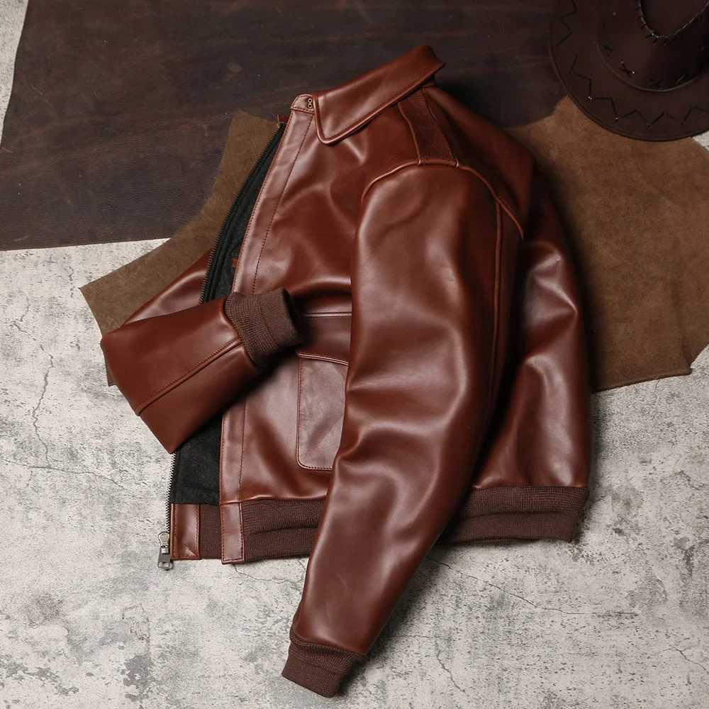 American leather lapel cut jacket retro A2 leather jacket hard wax denim flight suit W240914