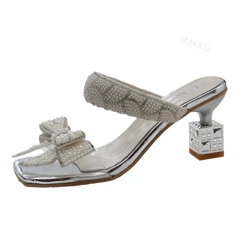 Women Bowtie Slippers Silver Heels 2024 NewTrend Gold Outdoor Rhinestone Woman Sandals Ladies Shoes Pumps Heeled Size 43 Mules