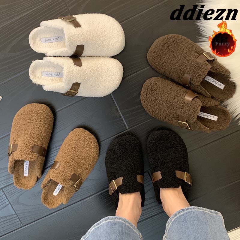 Winter 2023 Warm Ladies Flat With Furry Shoes Fashion Buckle Strap Women Mules Fur Slippers Casual Outdoor Indoor Female Slides 0946