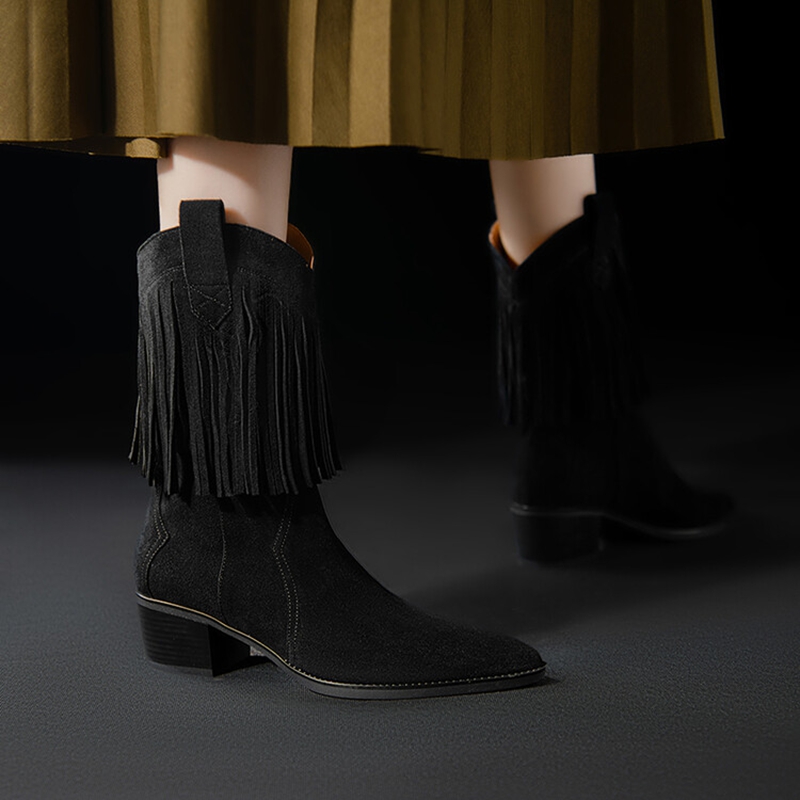 Autumn NEW Cow Suede Leather for Women Pointed Toe Chunky Heel Shoes Slip-on Tassels Black Western Boots d785